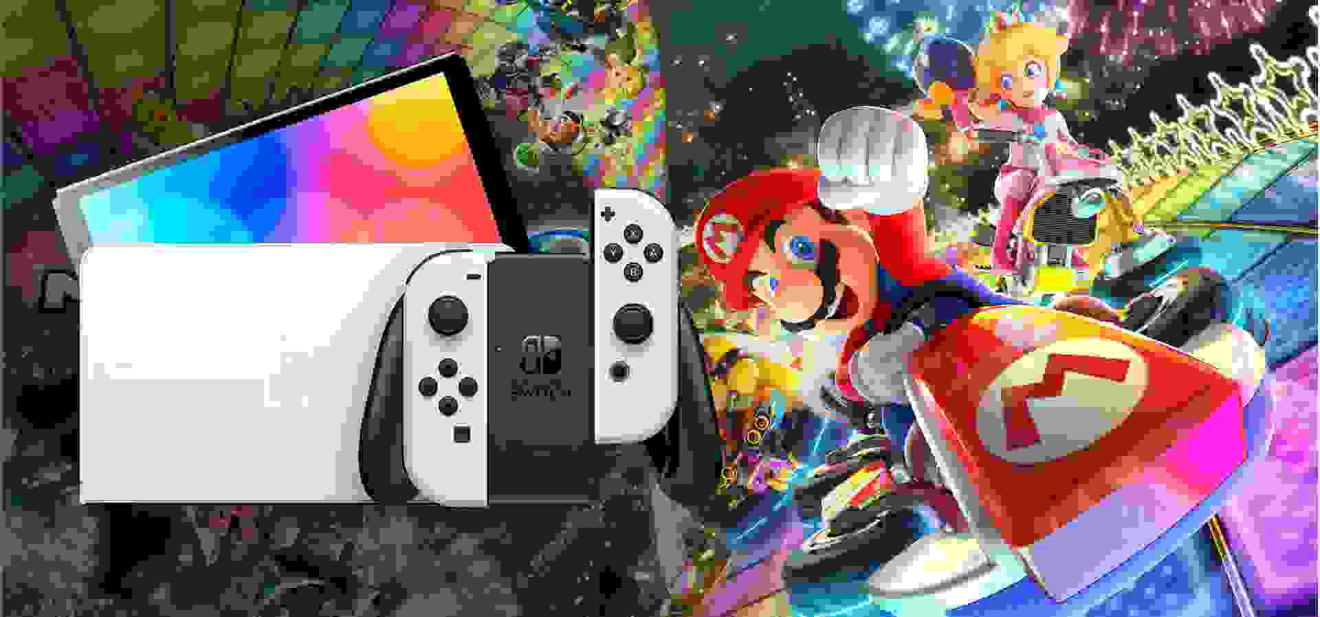 Imagem de fundo do produto Console Nintendo Switch Oled + Jogo Mario Kart 8 Deluxe + Voucher Nintendo Switch Online 3 Meses
