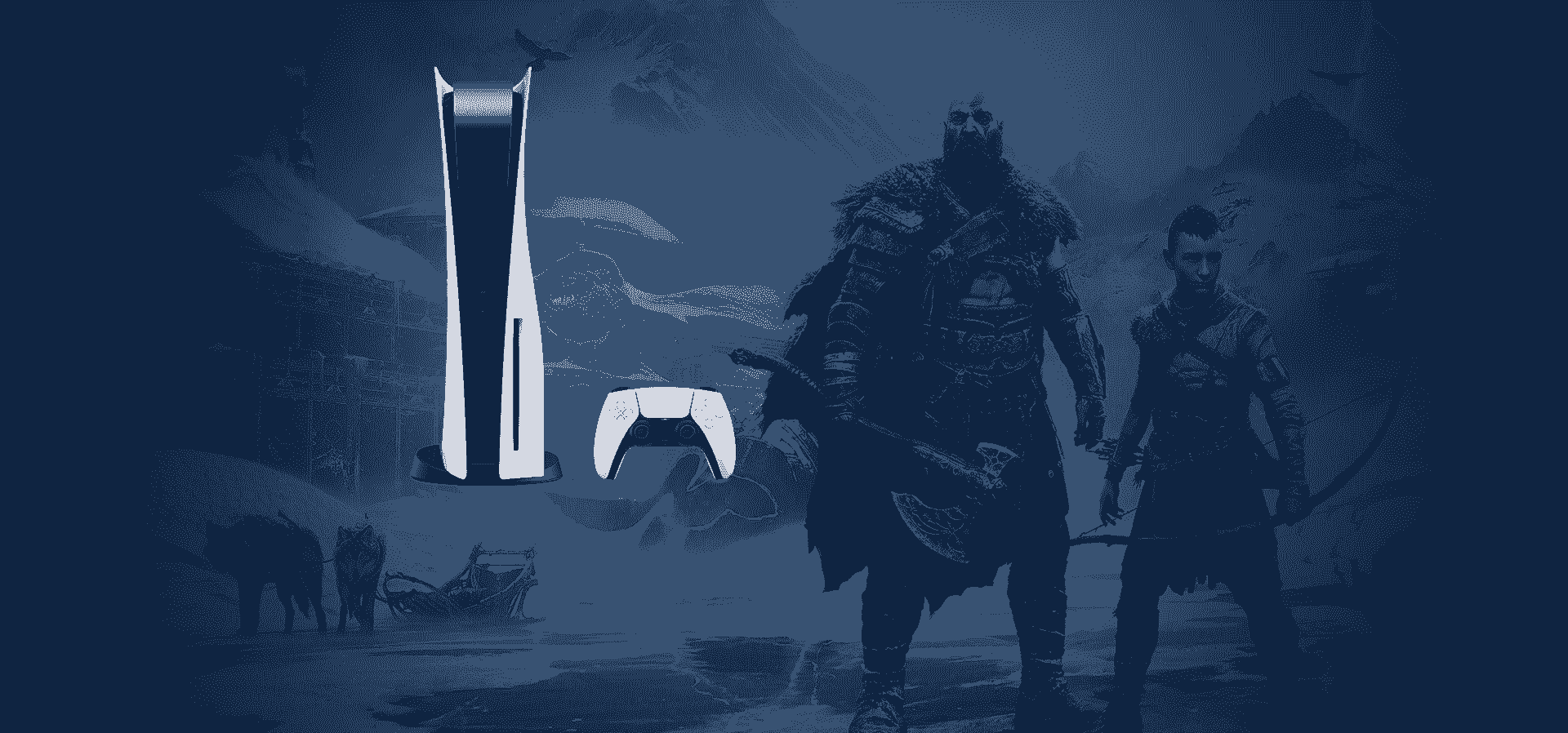 Imagem de fundo do produto Console PS5 (com leitor de disco) + Jogo God of War Ragnarok – Sony