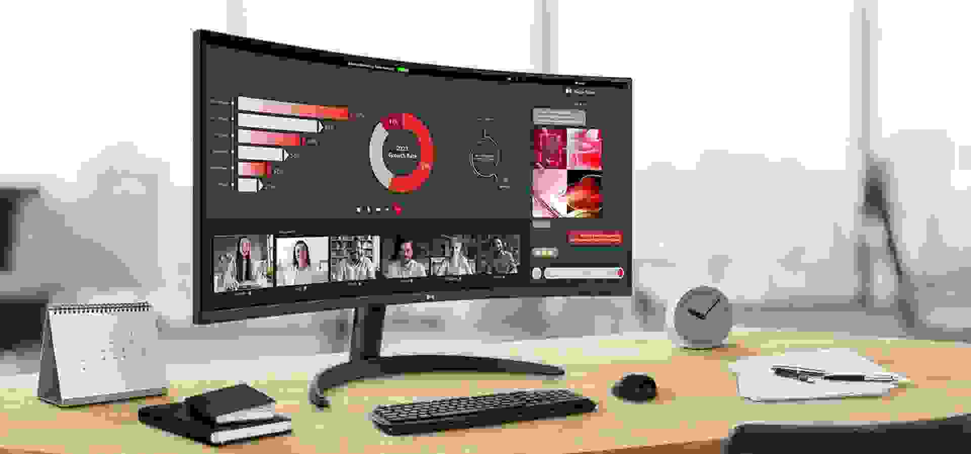 Imagem de fundo do produto Monitor LG UltraWide™ Curvo – Tela VA de 34”, WQHD 3440 x 1440, 21:9, sRGB 99%, HDR10, PBP, 100Hz, AMD FreeSync™ - 34WR50QC-B