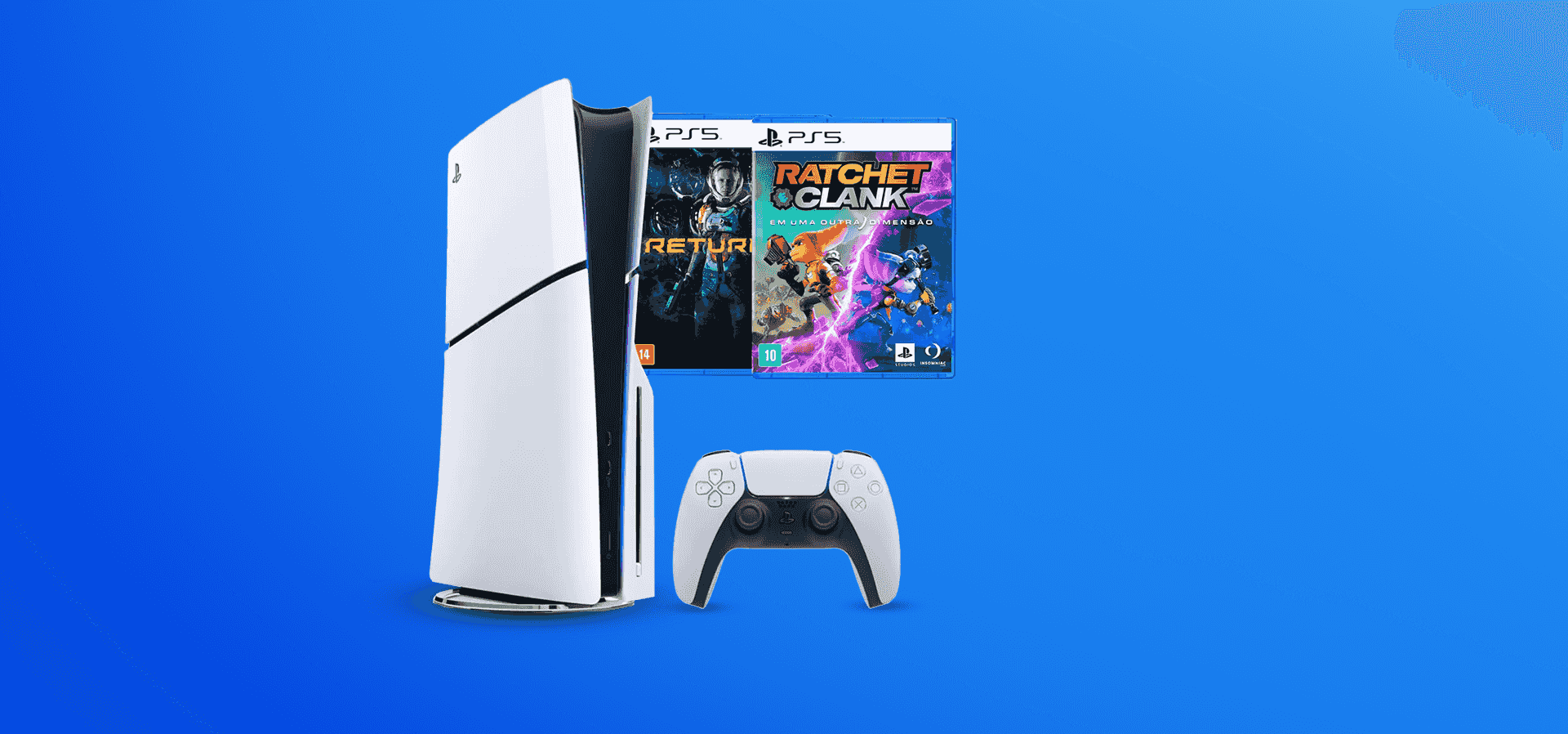 Imagem de fundo do produto Console PS5 Slim 1TB (com leitor de disco) + 2 Jogos – Branco