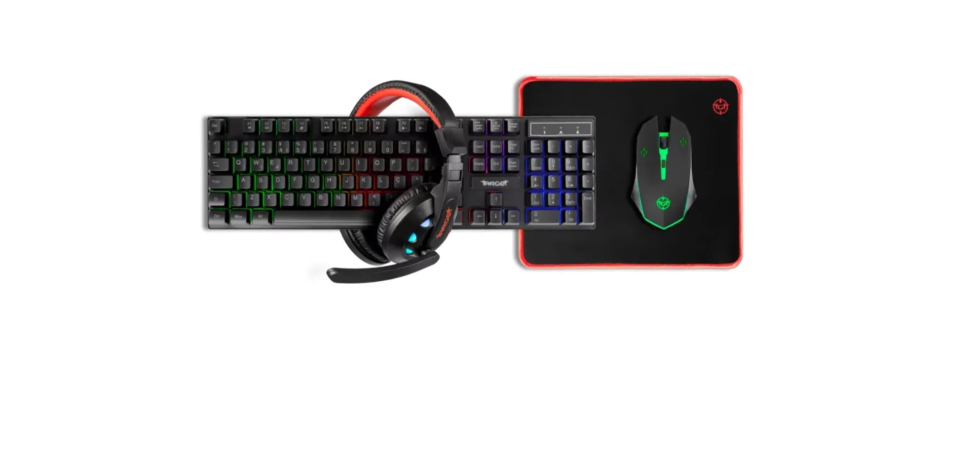 Imagem de fundo do produto Combo Gamer TGT Ariete 4x1 Rainbow. Teclado, Mouse 1600DPI, Mousepad e Headset 40mm, TGT-ART-RBW01