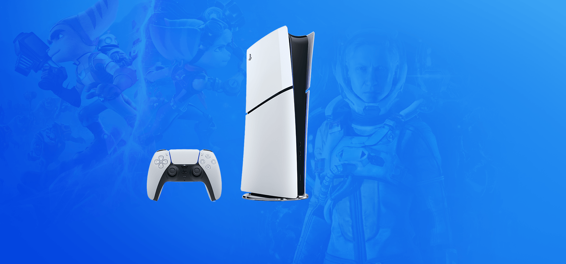 Imagem de fundo do produto Console PS5 Slim 1TB Digital Edition + 2 Jogos – Branco