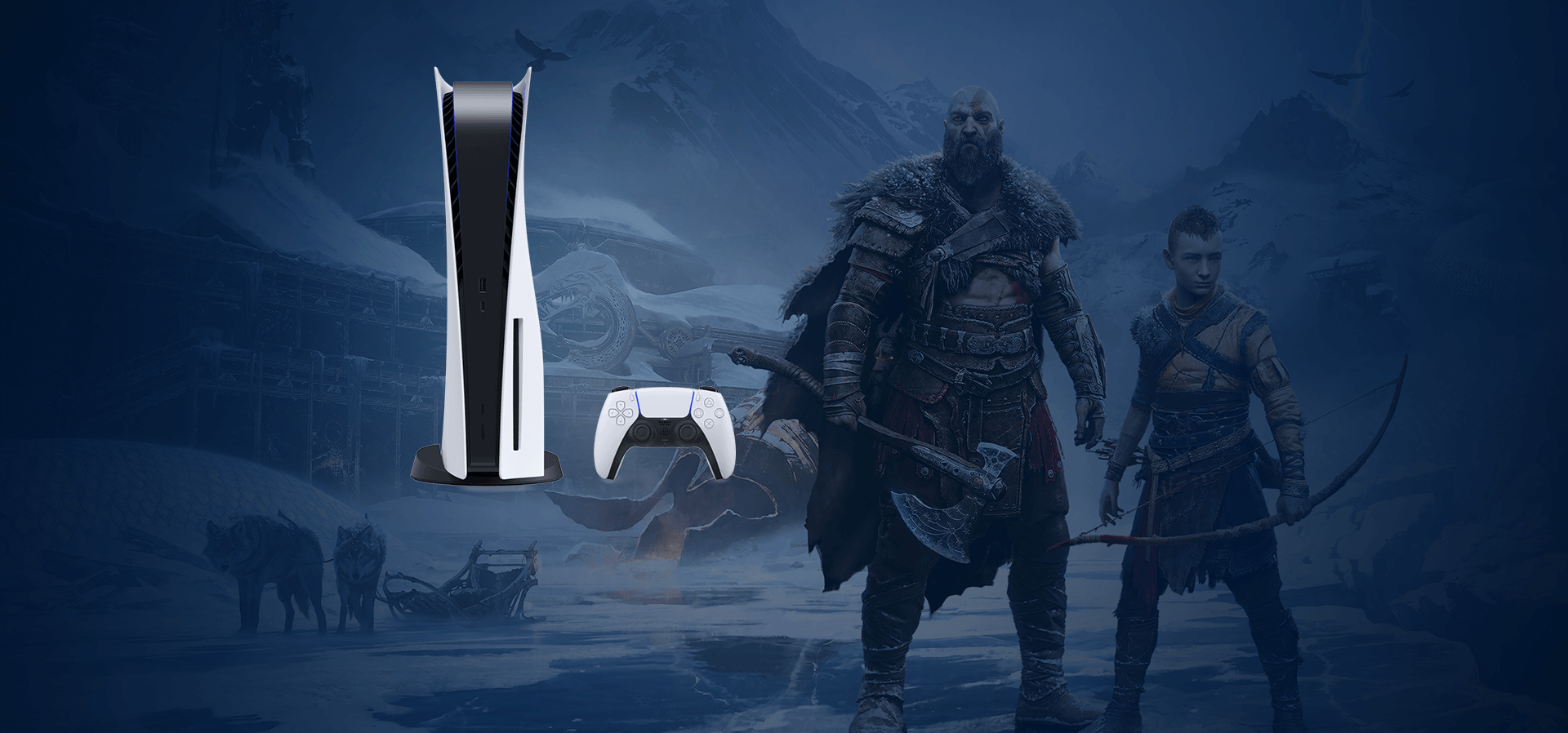 Imagem de fundo do produto Console PS5 (com leitor de disco) + Jogo God of War Ragnarok – Sony