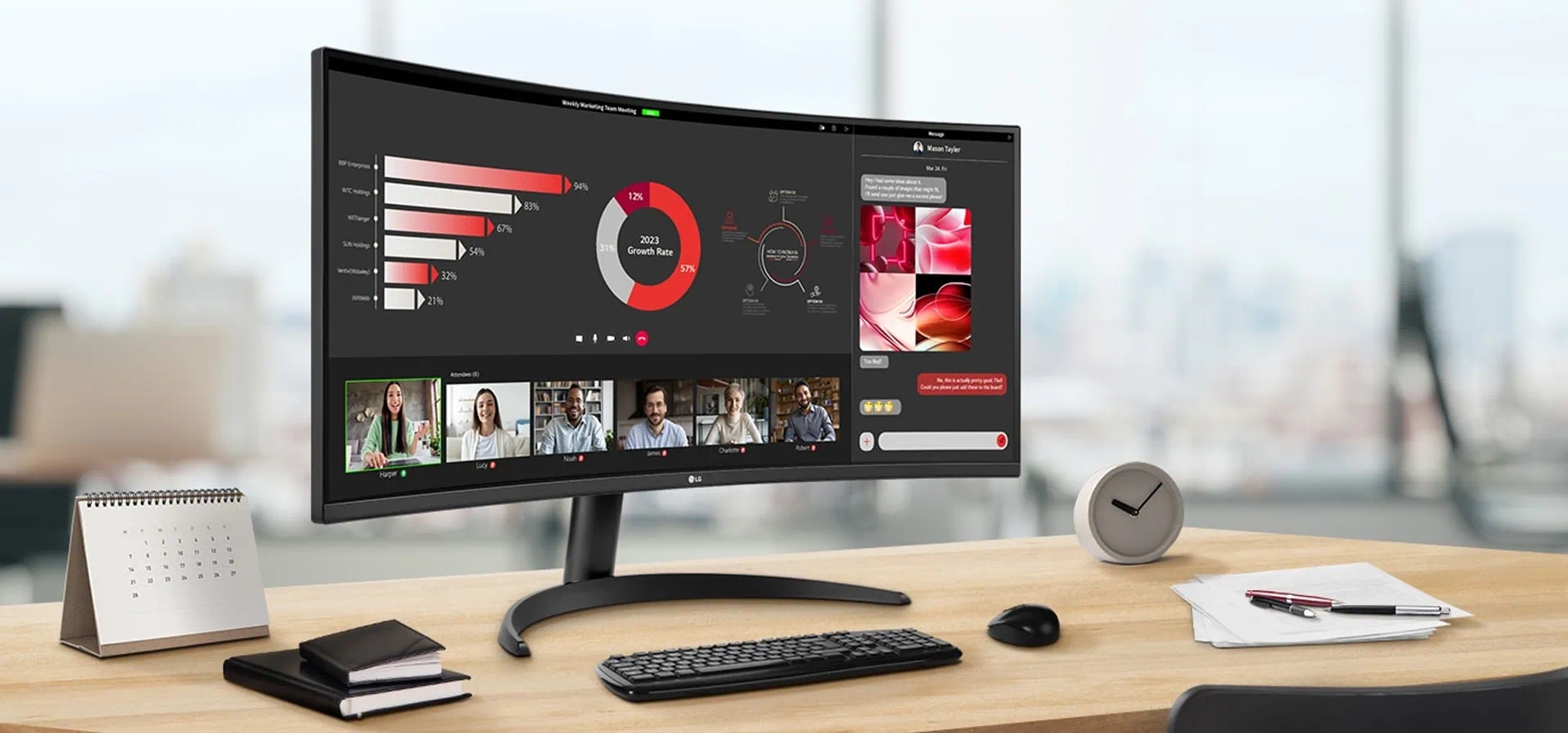 Imagem de fundo do produto Monitor LG UltraWide™ Curvo – Tela VA de 34”, WQHD 3440 x 1440, 21:9, sRGB 99%, HDR10, PBP, 100Hz, AMD FreeSync™ - 34WR50QC-B