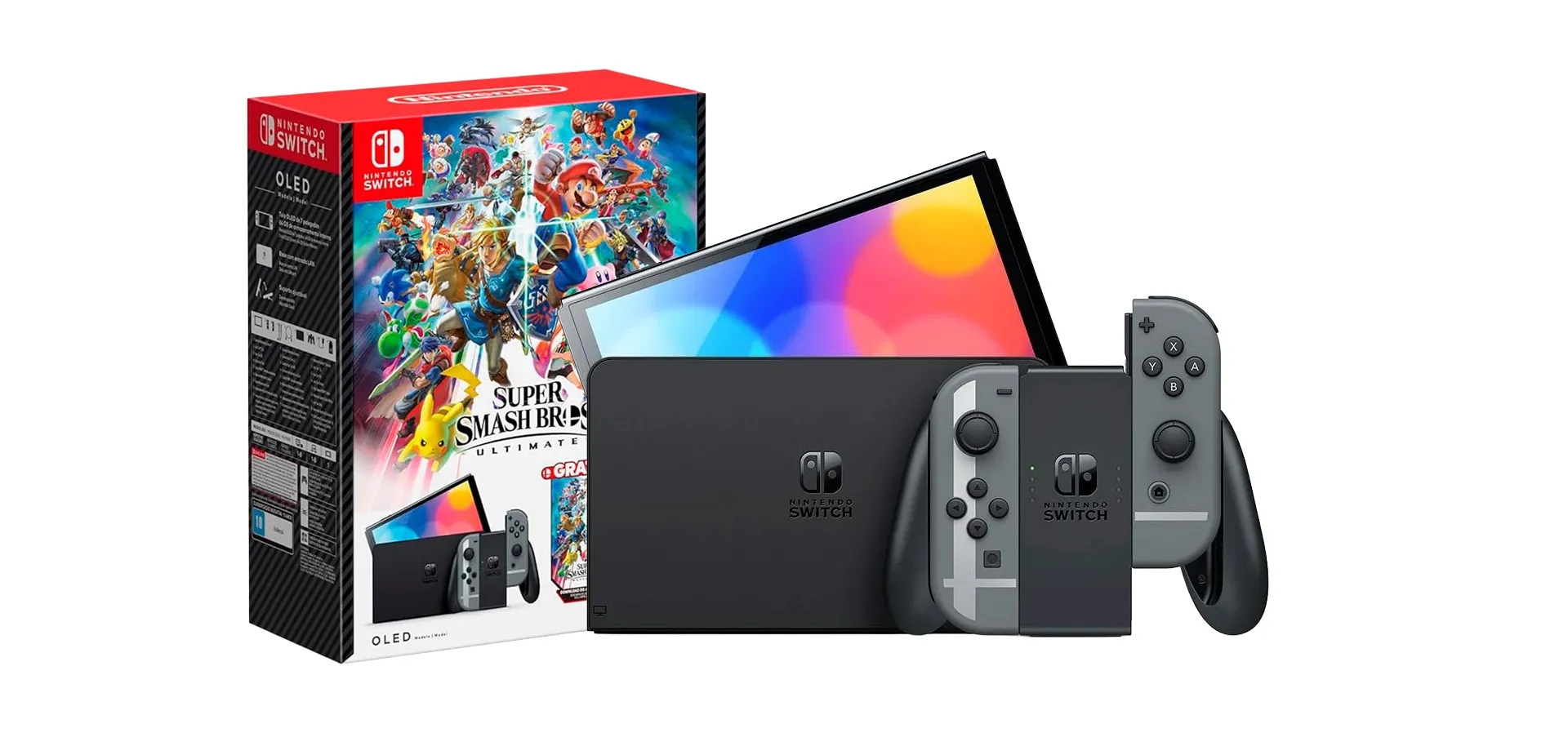 Imagem de fundo do produto Console Nintendo Switch Oled Cinza + Super Smash Bros Ultimate Digital + 3 Meses Assinatura Online