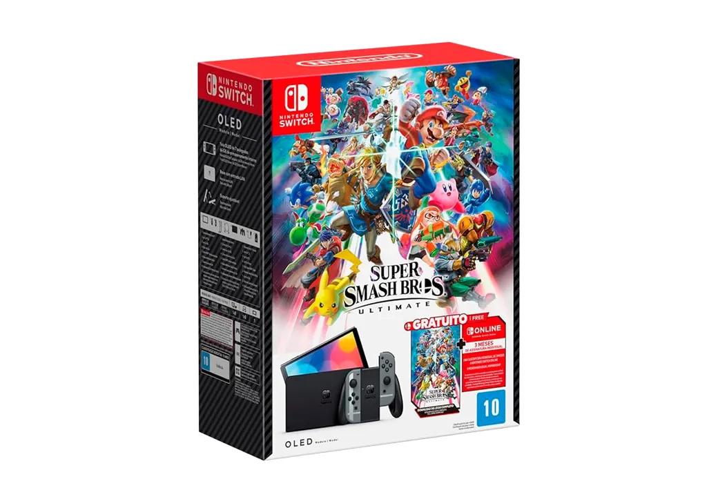 Console Nintendo Switch Oled Cinza + Super Smash Bros Ultimate Digital + 3 Meses Assinatura Online