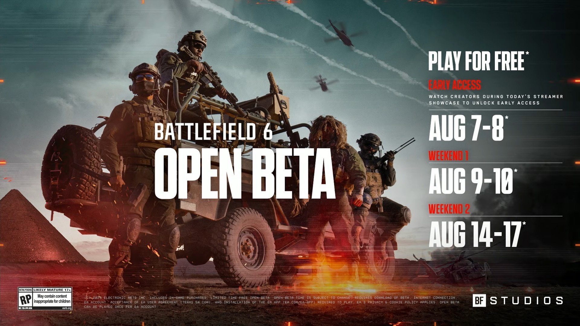 imagem de battlefield 6 em inglês mostrando as datas de beta, durante os dias 7 e 8 de agosto (beta fechado) 9 e 10 de agosto ( beta aberto 1) e 14 e 17 de agosto (beta aberto 2)