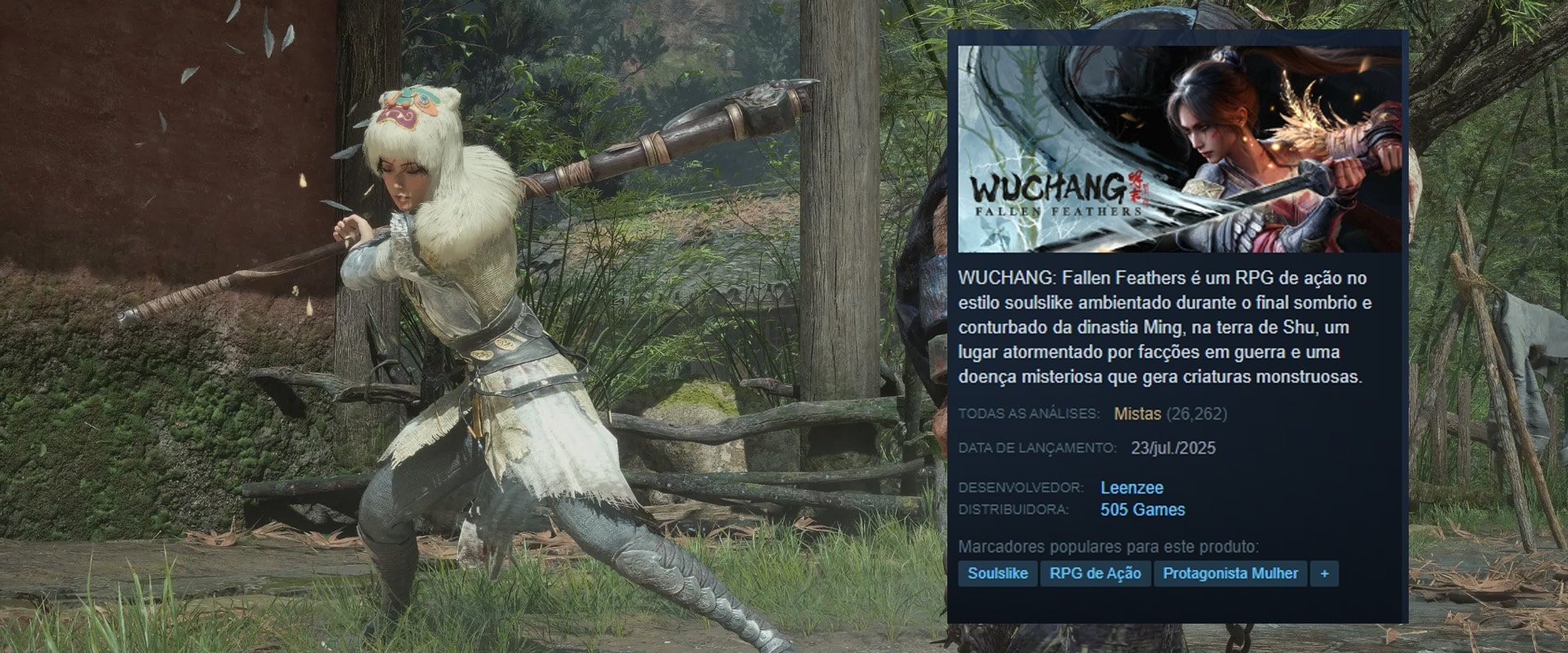 imagem do jogo ao fundo, imagem da descrição da plataforma Steam, contando um resumo em inglês, aprovação, data de lançamento e tags