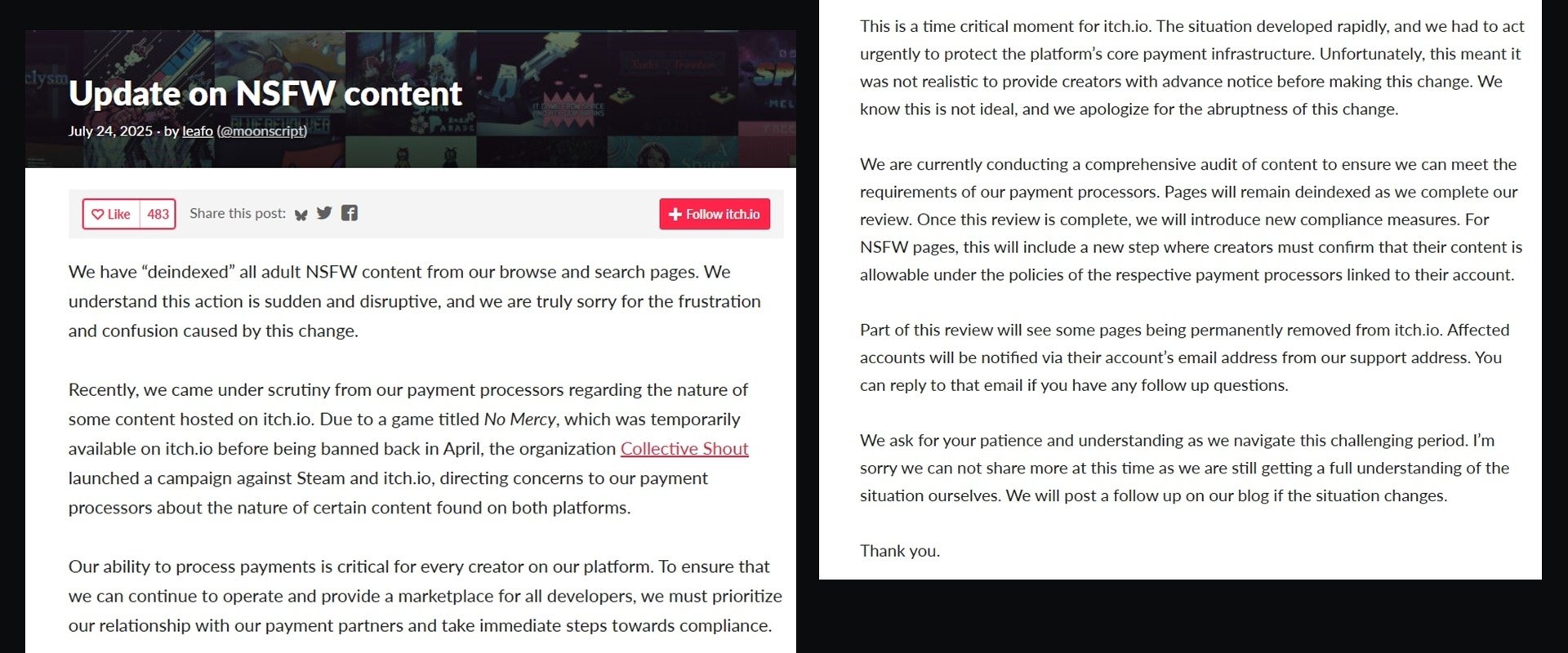 Carta explicando o que está acontecendo na plataforma Itch.io