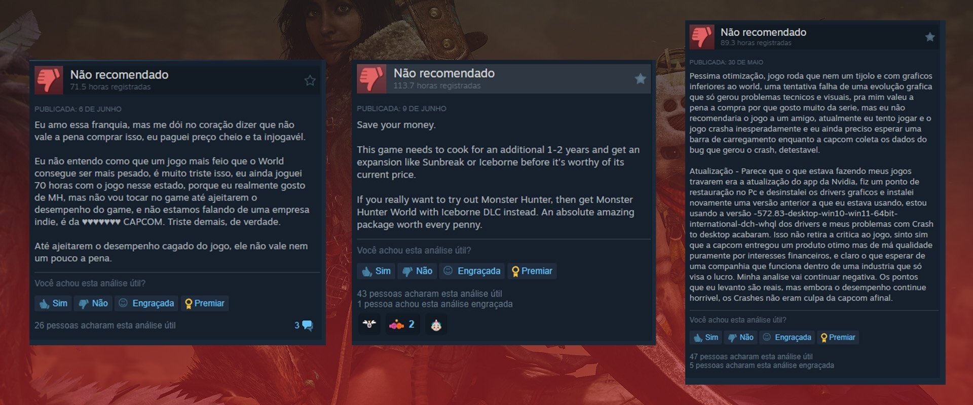 Imagem de três análises negativas sobre o jogo Monster Hunter Wilds na Steam