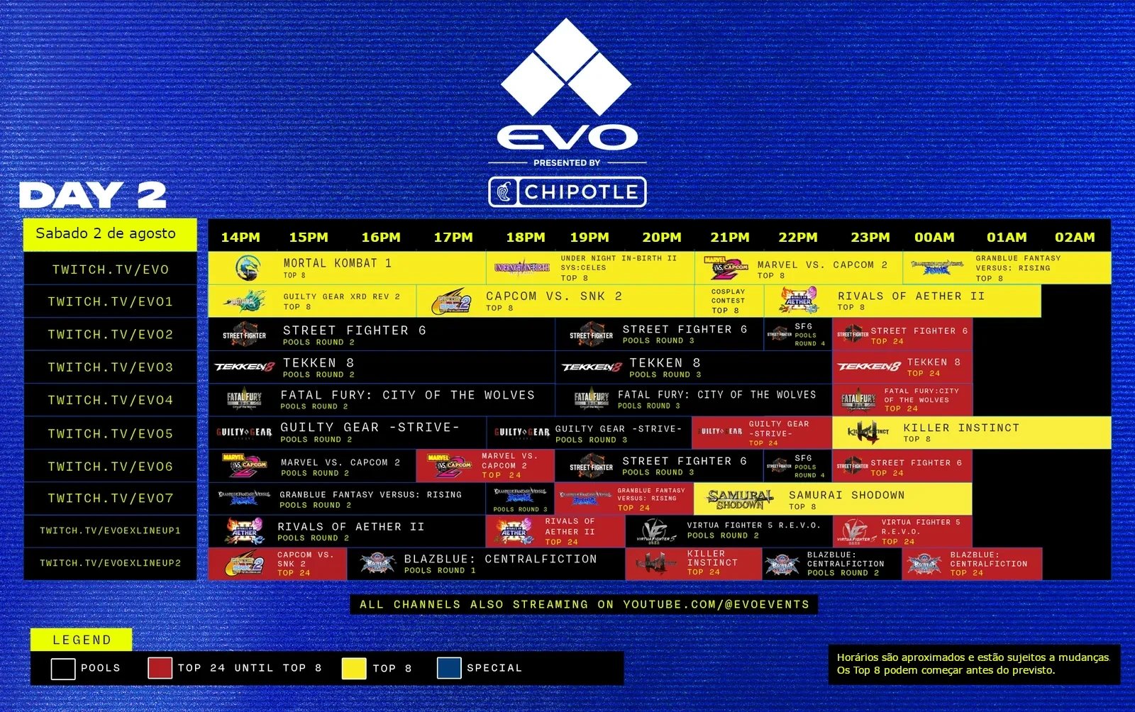 grade de horários do segundo dia da evo