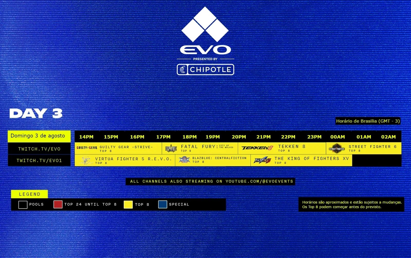 grade de horários do terceiro dia da evo