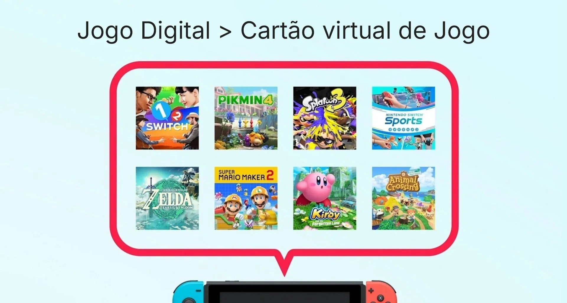 Imagem mostrando alguns jogos de Nintendo Switch que agora serão cartuchos virtuais