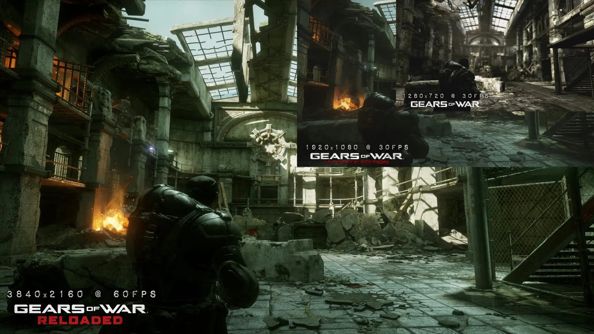 Imagem comparando a resolução e gráficos de Gears of War, Gears of War: Ultimate Edition e Gears of War: Reloaded