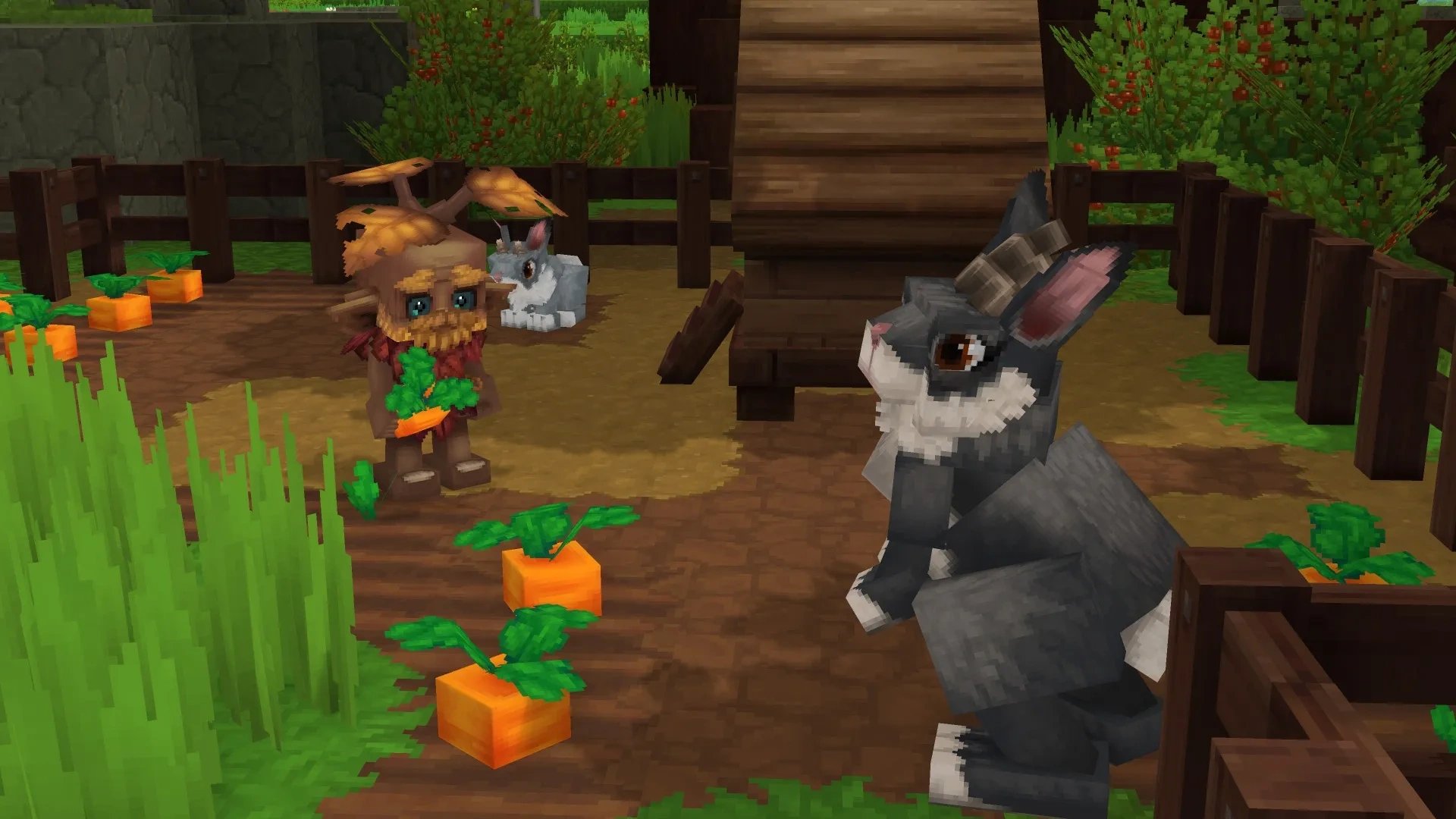 Imagem mostrando uma fazenda e um coelho de Hytale