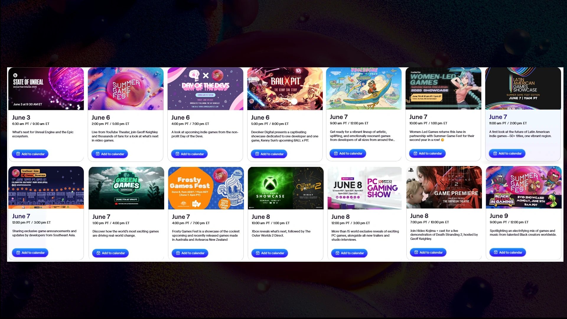 Imagem mostrando as datas dos eventos que ocorrerão nos próximos dias durante o Summer Game Fest