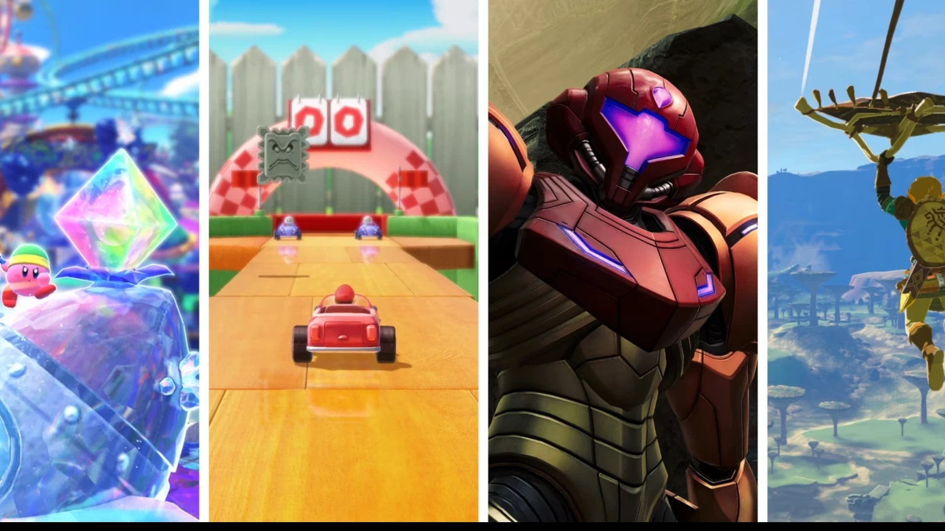 Imagem dos jogos Kirby and the Forgotten Land + Star-Crossed World; Super Mario Party Jamboree + Jamboree TV; Metroid™ Prime 4: Beyond e The Legend of Zelda: Breath of the Wild