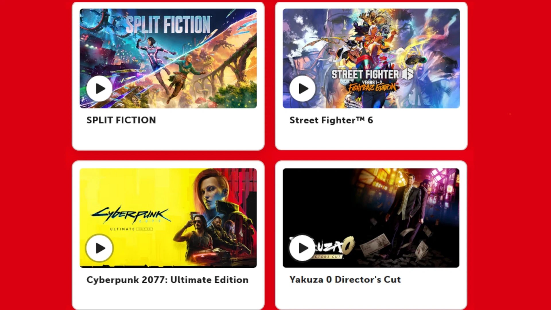 Imagem mostrando a capa de quatro jogos para Switch 2, da esquerda para direita, de cima para baixo: Bravely Default 2 Flying Fairy HD Remaster , Split Ficiton, Cyberpunk 2077: Ultimate Edition e Yakuza 0 Director's Cut