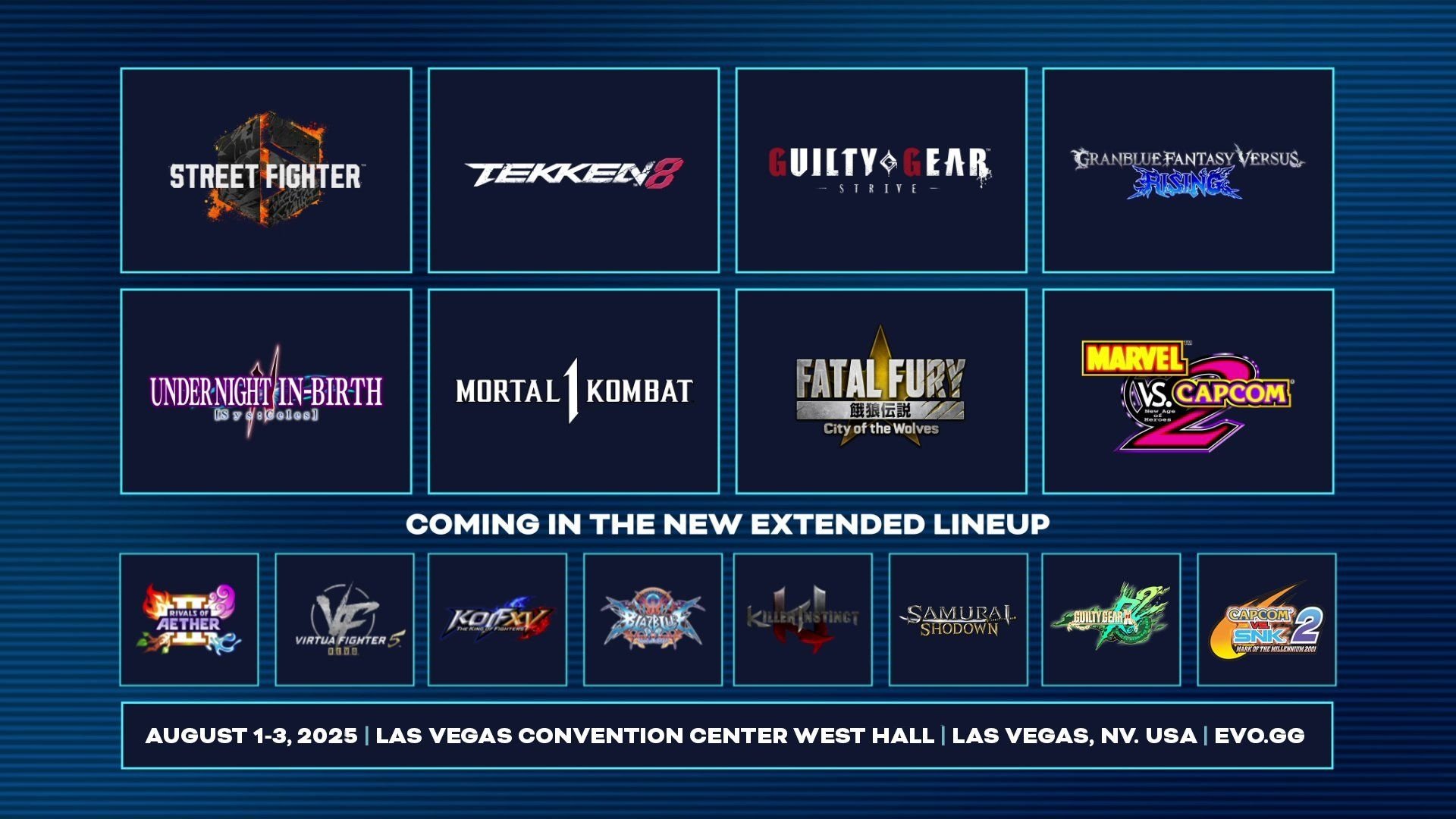 Imagem mostrando os logos dos jogos presentes na EVO 2025