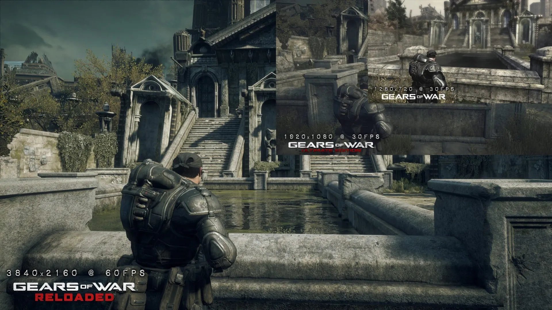Segunda Imagem comparando a resolução e gráficos de Gears of War, Gears of War: Ultimate Edition e Gears of War: Reloaded