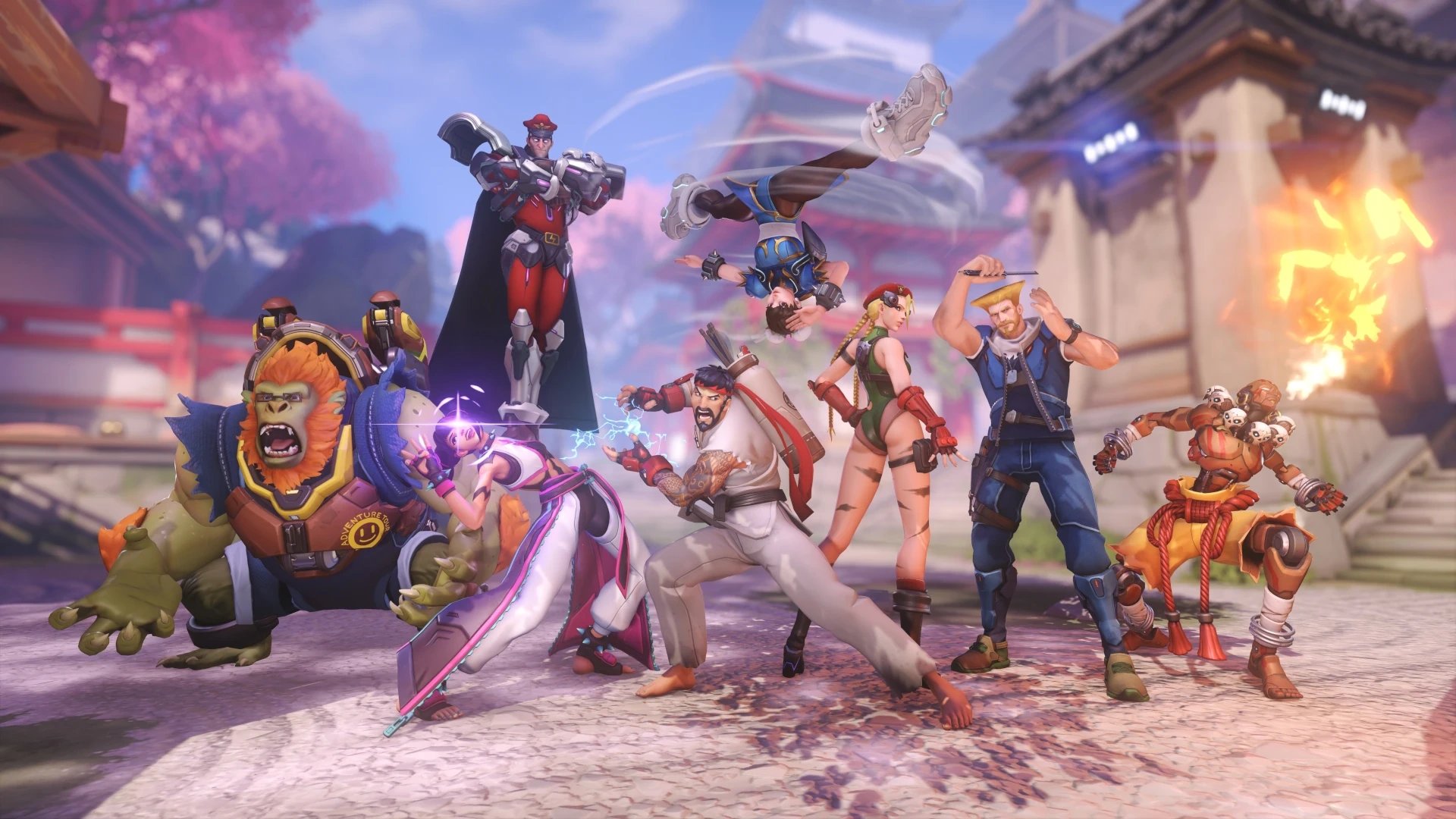 Imagem mostrando todas as novas skins disponiveis temporariamente em overwatch 2 com a temática de Street Fighter 6
