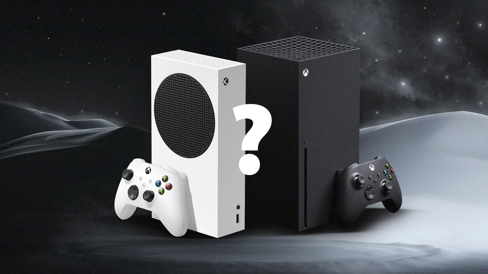 Imagem de Um Xbox Series S em branco à esquerda e Um Xbox Seires X à direita