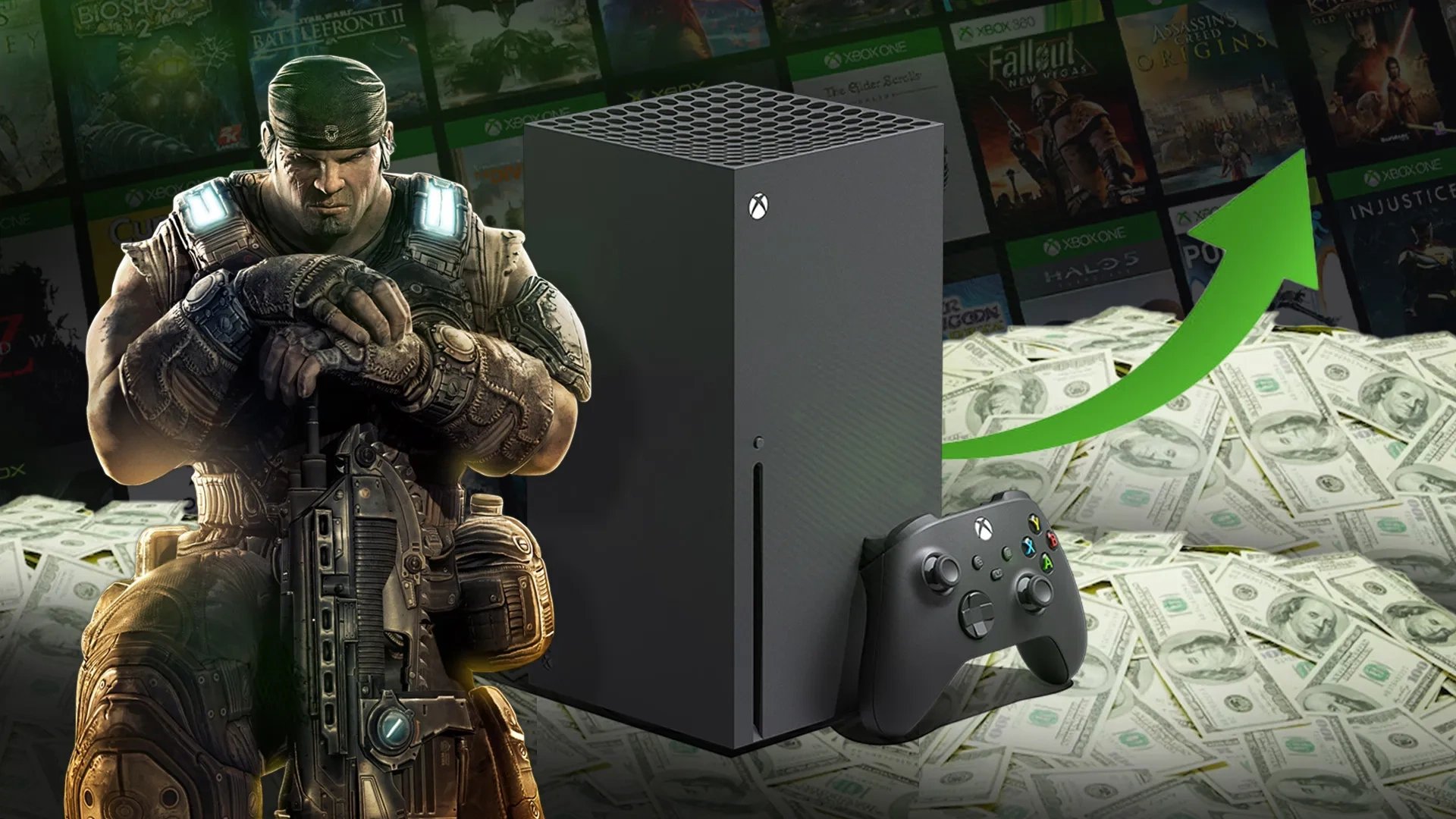 Imagem de um personagem de Gears of War à esquerda, imagem do console Xbox Series X ao centro com um controle ao lado direito, u ma montanha de dinheiro e uma seta verde apontada para cima, e fundo mostrando diversos jogos disponíveis na Xbox
