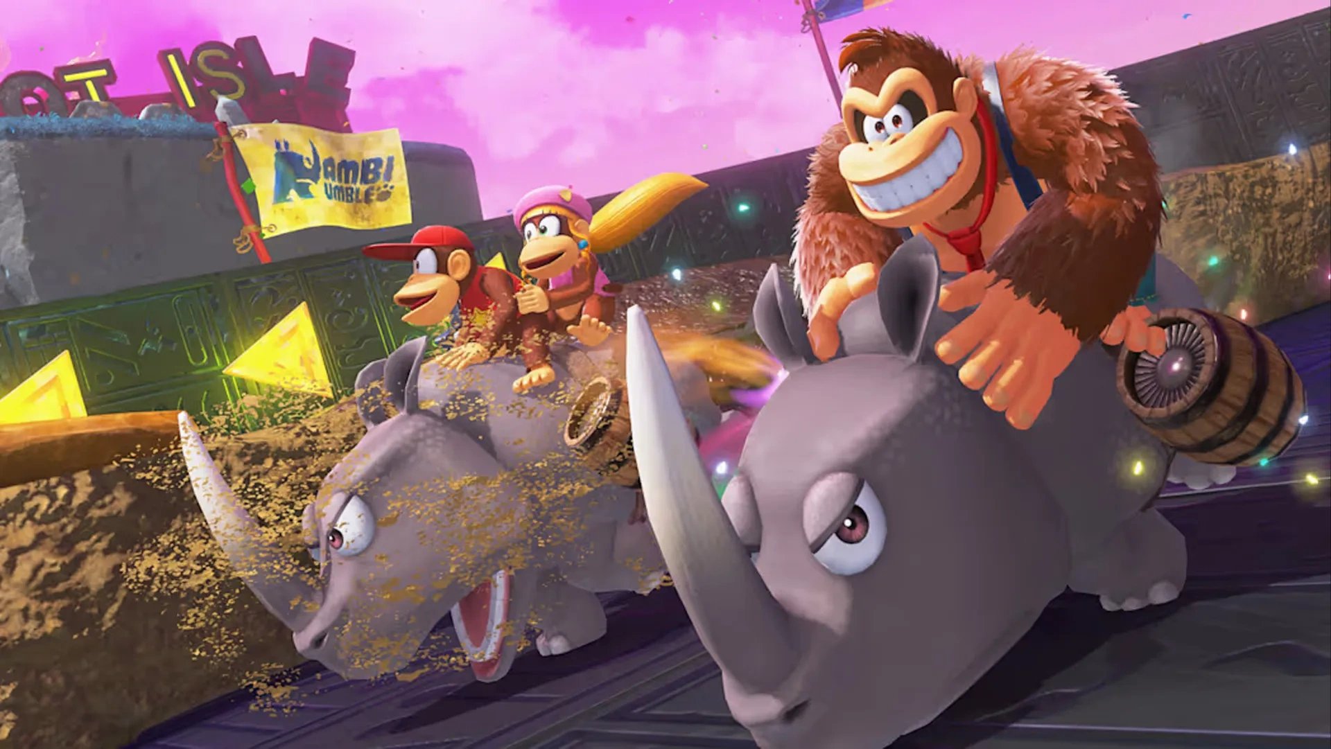 Imagem de Didi Kong, Trixy Kong, Donkey Kong e Pauline em dois rinocerontes