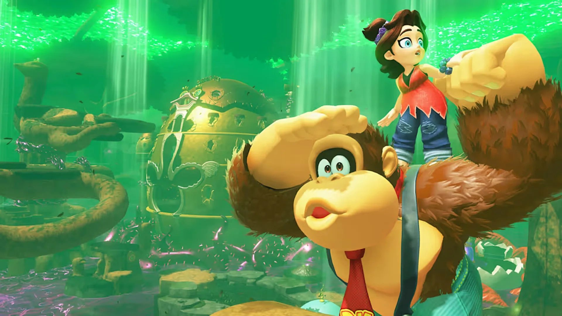 Imagem de jogabilidade de Donkey Kong Bananza mostrando DK e Pauline
