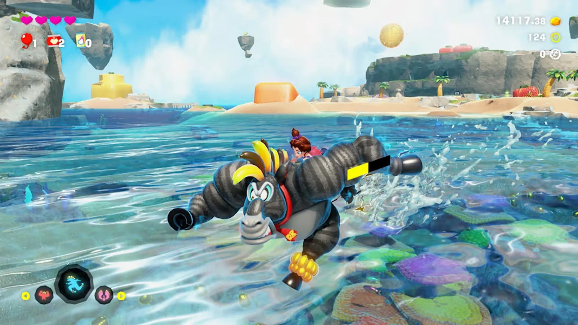 Imagem de jogabilidade de Donkey Kong Bananza mostrando a sua transformação em Avestruz