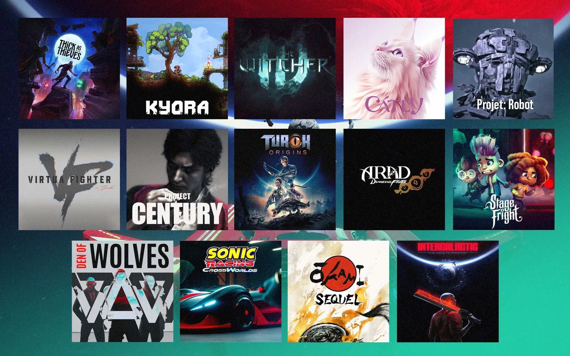 Capa de diversos jogos anunciados no evento, com seus nomes listados no texto abaixo