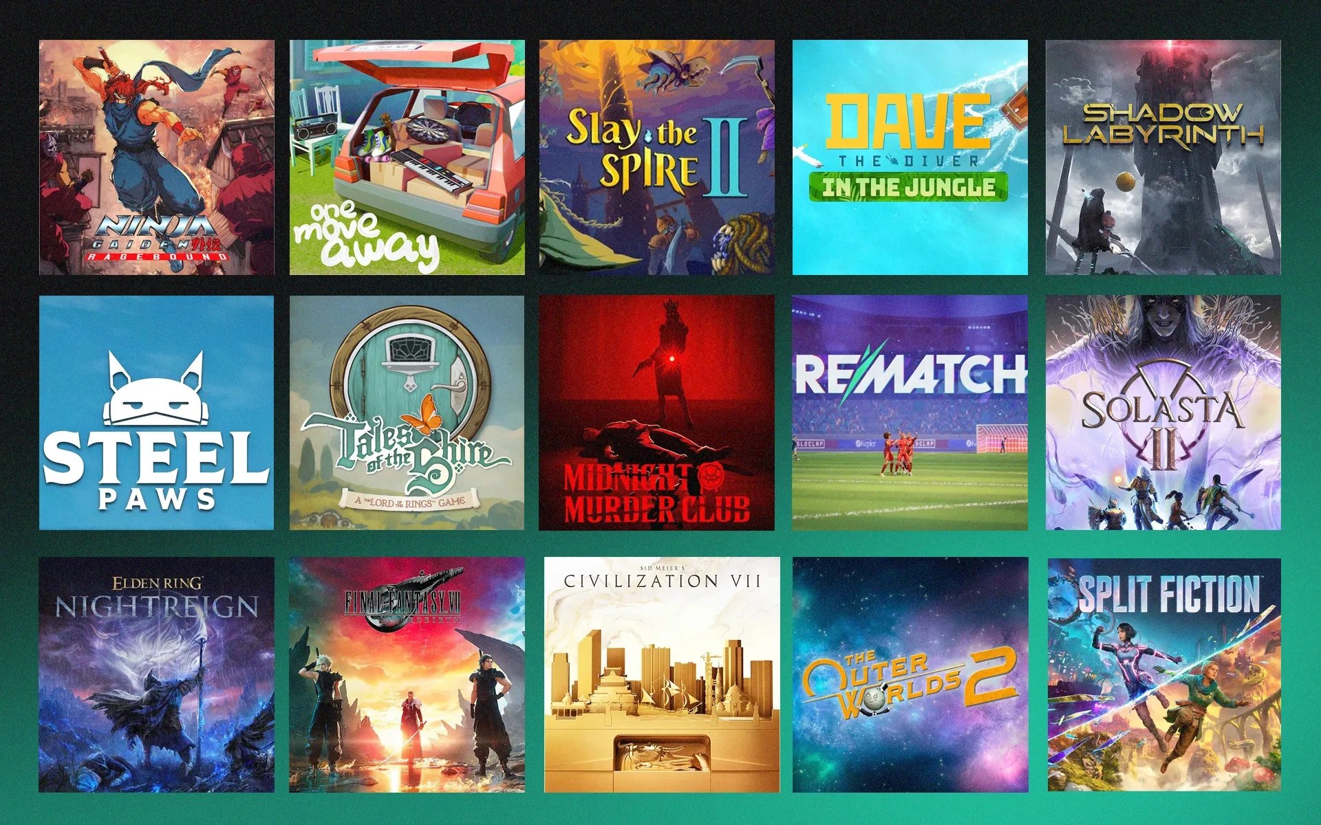 Imagem com diversas capas de outros jogos anunciados para 2025 com a lista dos nomes abaixo