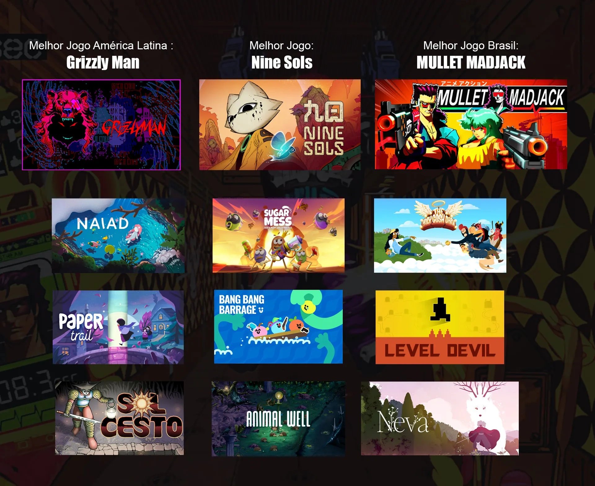 Imagem das capas dos jogos vencedores: Melhor Jogo: América Latina : Grizzly Man; Melhor jogo: Brasil: MULLET MADJACK; Melhor Arte: NAIAD; Melhor XR/VR: Sugar Mess; Melhor Som: The Holy Gosh Darn; Melhor jogo Casual: Paper Trail; Melhor Multiplayer: Bang Bang Barrage; Melhor Jogo Mobile: Level Devil; Melhor Inovação: Sol Cesto; Melhor Gameplay : Animal Well; Melhor jogo: Nine Sols
