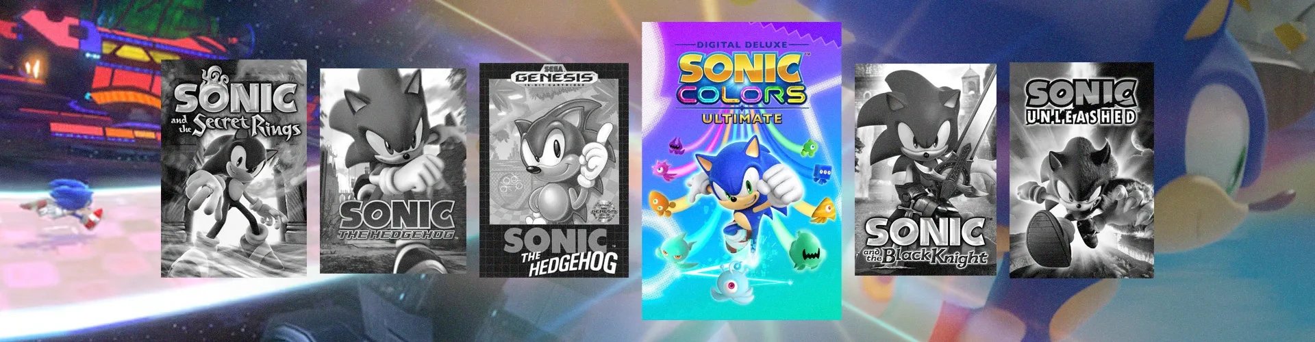 Capa de diversos jogos do Sonic em preto e branco, da esquerda para a direita:  Sonic and the Secret Rings; Sonic the Hedgehog (06'); Sonic the Hedgehog (Genesis collection); Sonic Colors Ultimate em colorido; Sonic and the Black Knight e Sonic Unleashed
