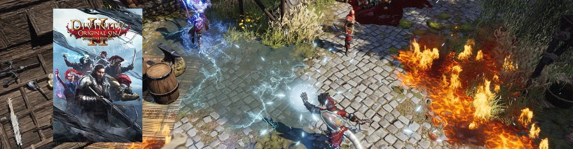 Capa do jogo Divinity: Original Sin II - Definitive Edition à esquerda, e captura do jogo ao fundo mostrando dois personagens em combate