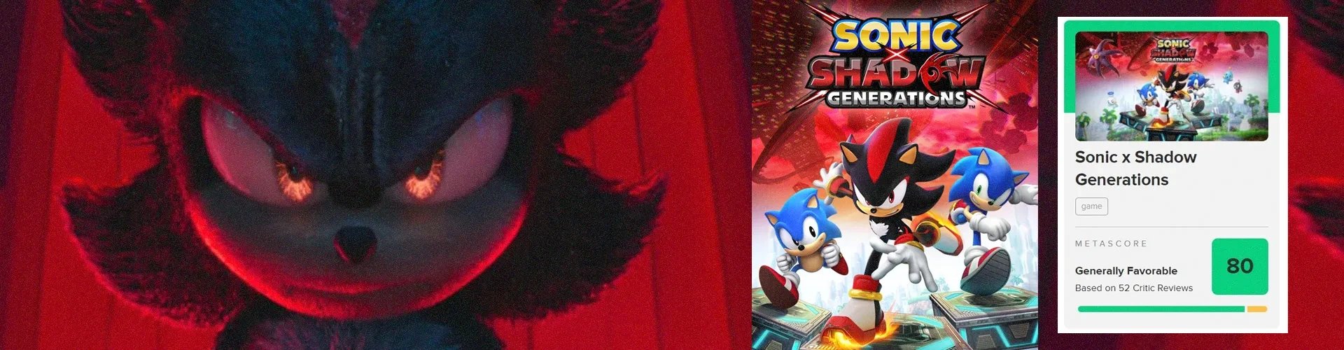 imagem do trailer de Sonic 3 à esquerda e a capa de Sonic x Shadow Generation à direita
