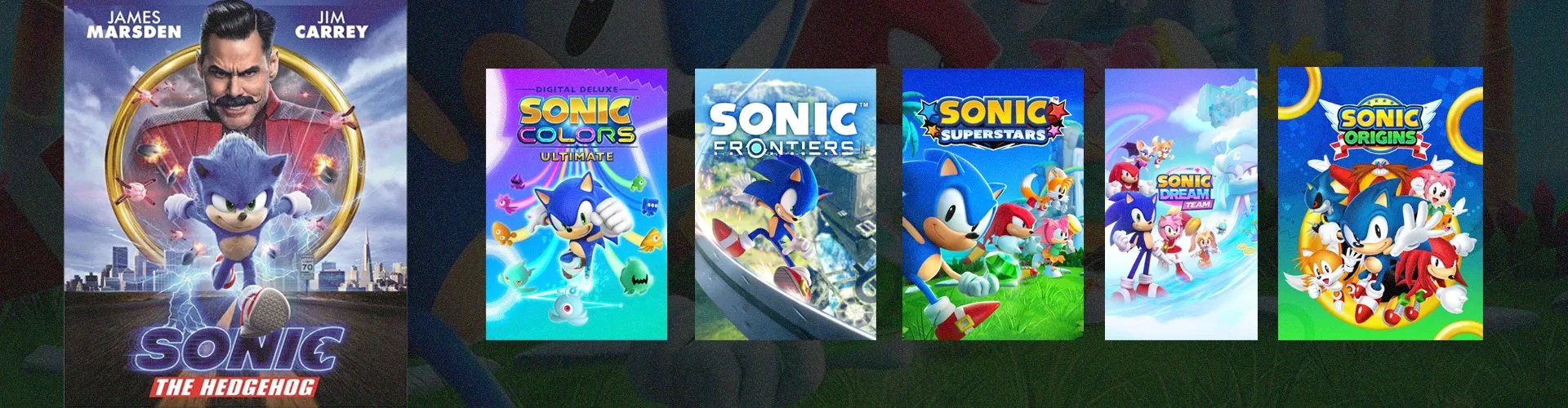 Capa do filme Sonic à esquerda, e em direção a direita a capa de diveross jogos do Sonic: Sonic Colors Ultimate, Sonic Frontiers, Sonic Superstars, Sonic Dreamteam e  Sonic Origins