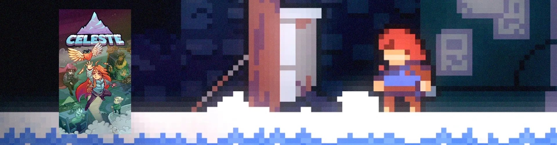 Capa de Celeste à esquerda, e captura do jogo ao fundo
