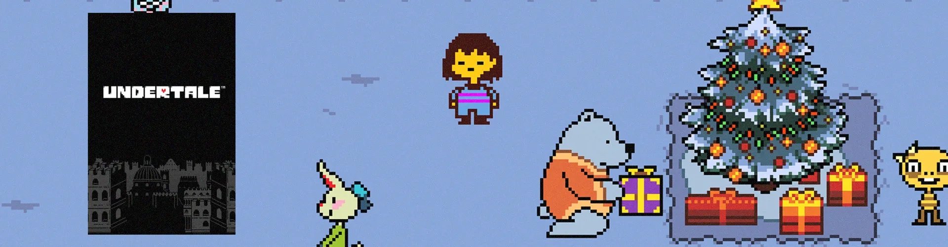 Arte da capa de Undertale à esquerda e ao fundo captura do jogo
