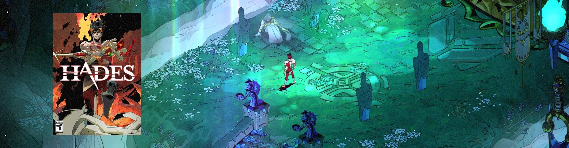 Capa de Hades à esquerda e captura do jogo Hades ao fundo
