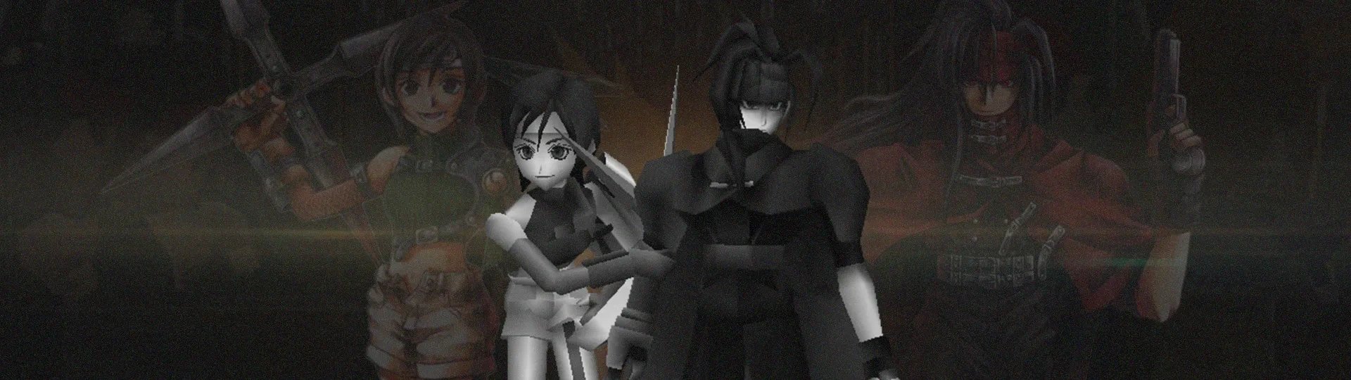 Imagem dos personagens Yuffie e Vincent em 3D do Final Fantasy 7, com as artes meio transparentes ao fundo