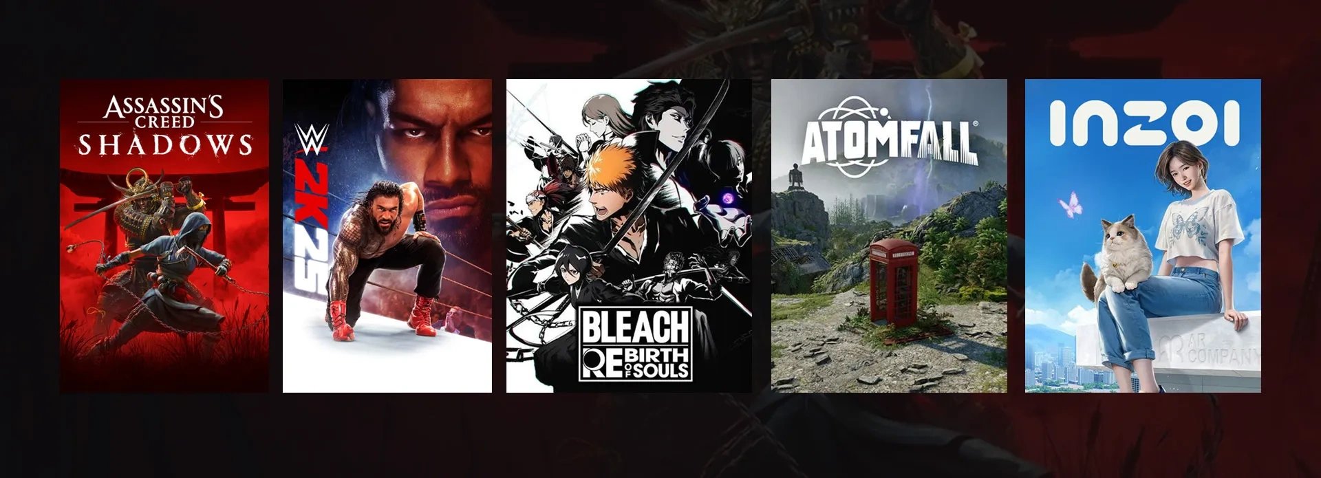 Imagem mostrando a capa dos seguintes jogos, dà esquerda para à direita: Assassin's Creed: Shadows;  WWE 2K25; Bleach: Rebirth of Souls; Atomfall e Inzoi 
