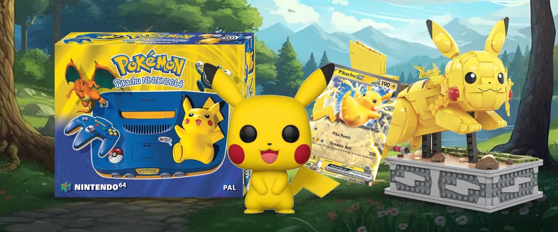 imagem mostrando um Nintendo 64 do Pìkachu à esquerda; Um FunkoPop do Pikachu ao centro; Uma carta do Pikachu e um Pikachu feito de Lego à direita