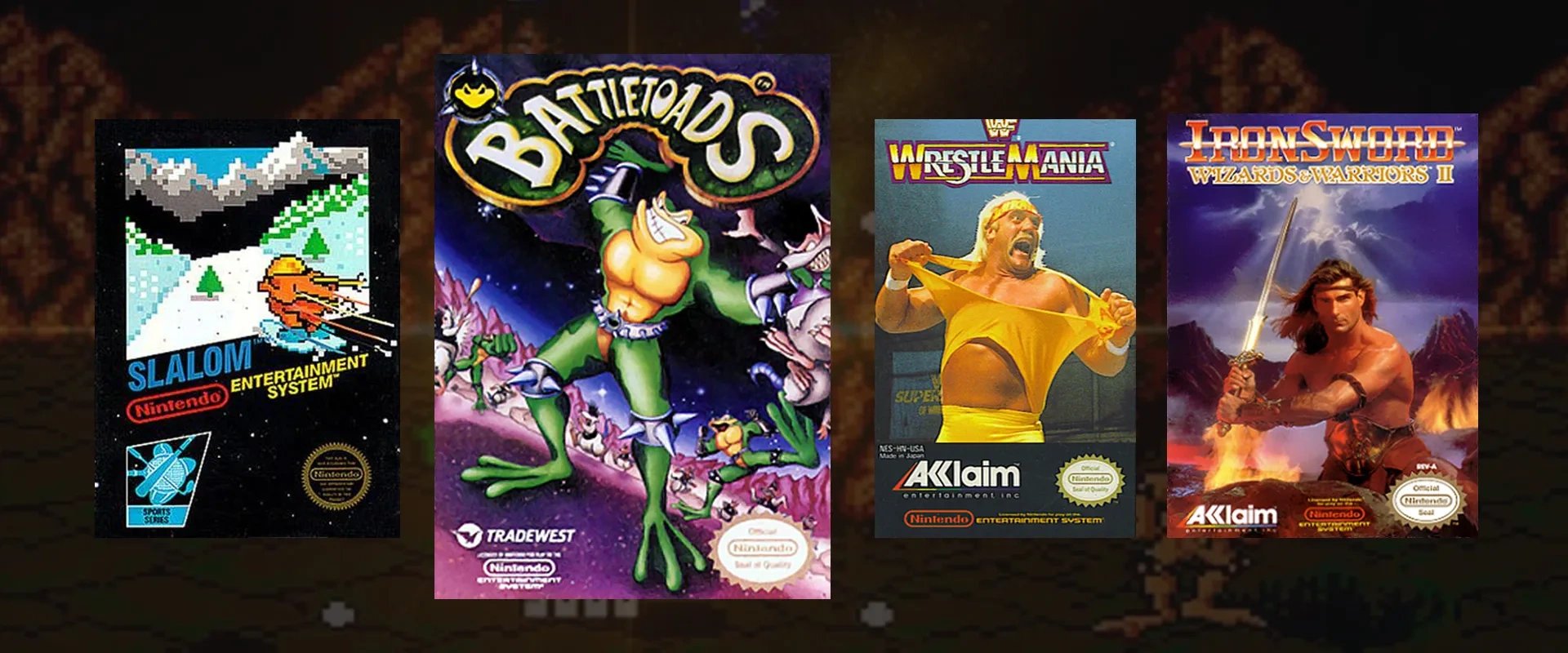 Imagem dos primeiros jogos da Rare para NES: SLALOM, Battletoatds, WrestleMania e IronSword