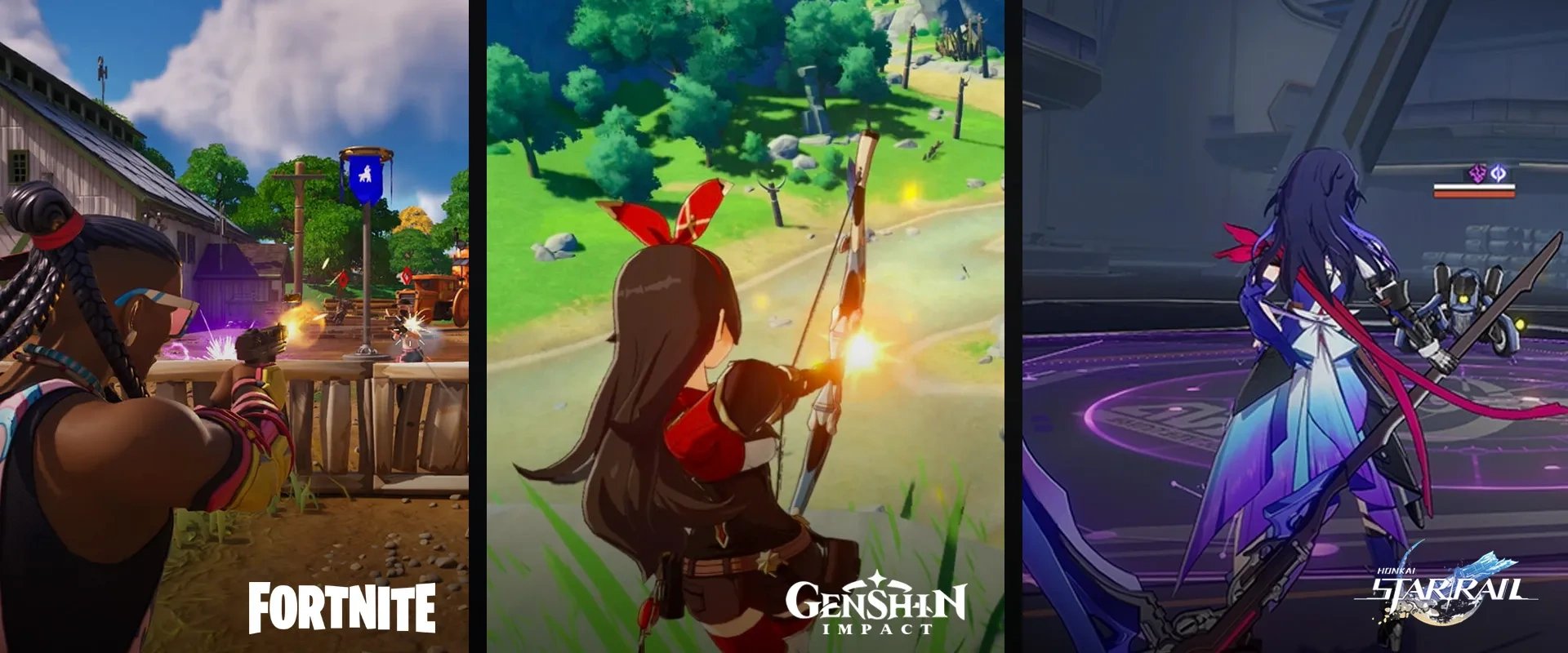 Imagem mostrando jogabilidade de Fortnite, Genshin Impact e Star Rail
