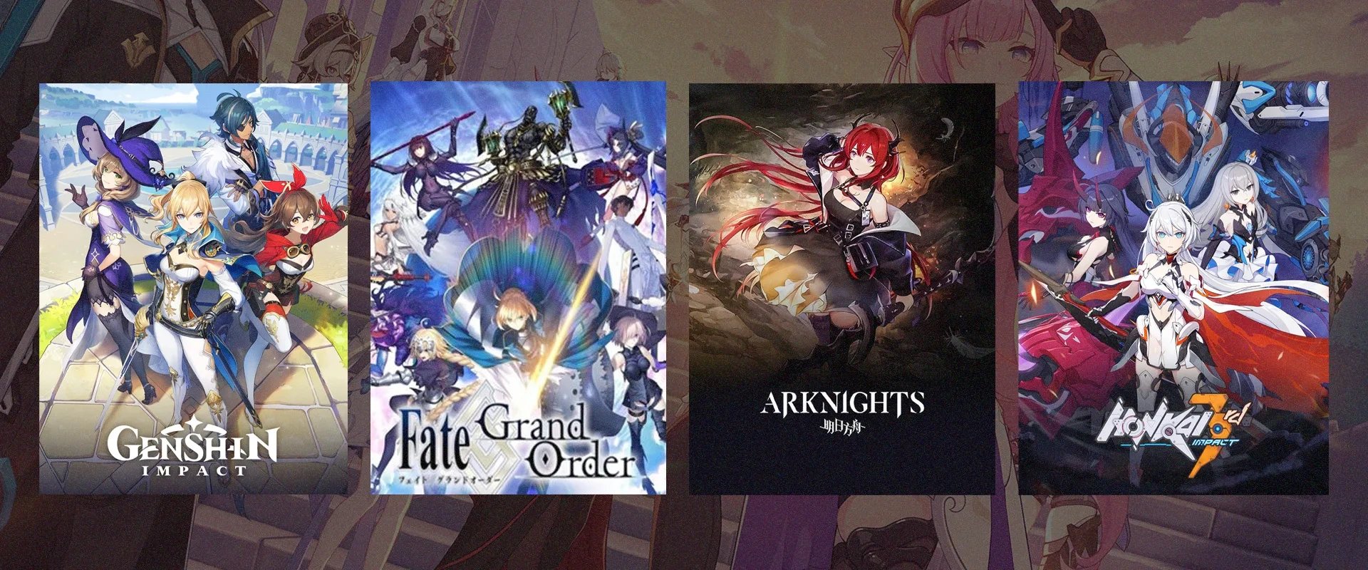 Capa de diversos jogos gacha da esquerda para à direita: Genshin Impact, Fate/Grand Order, Arknights, Honkai Impact the 3rd