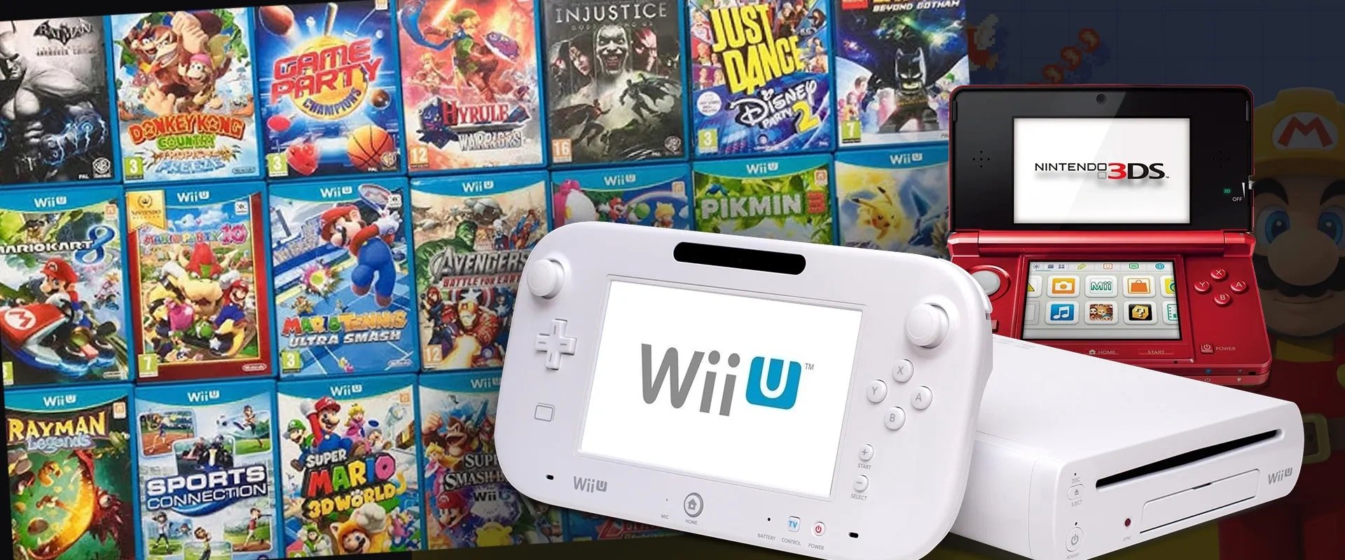 Capa de diversos jogos à esquerda e imagem dos consoles 3DS e Wii U à direita
