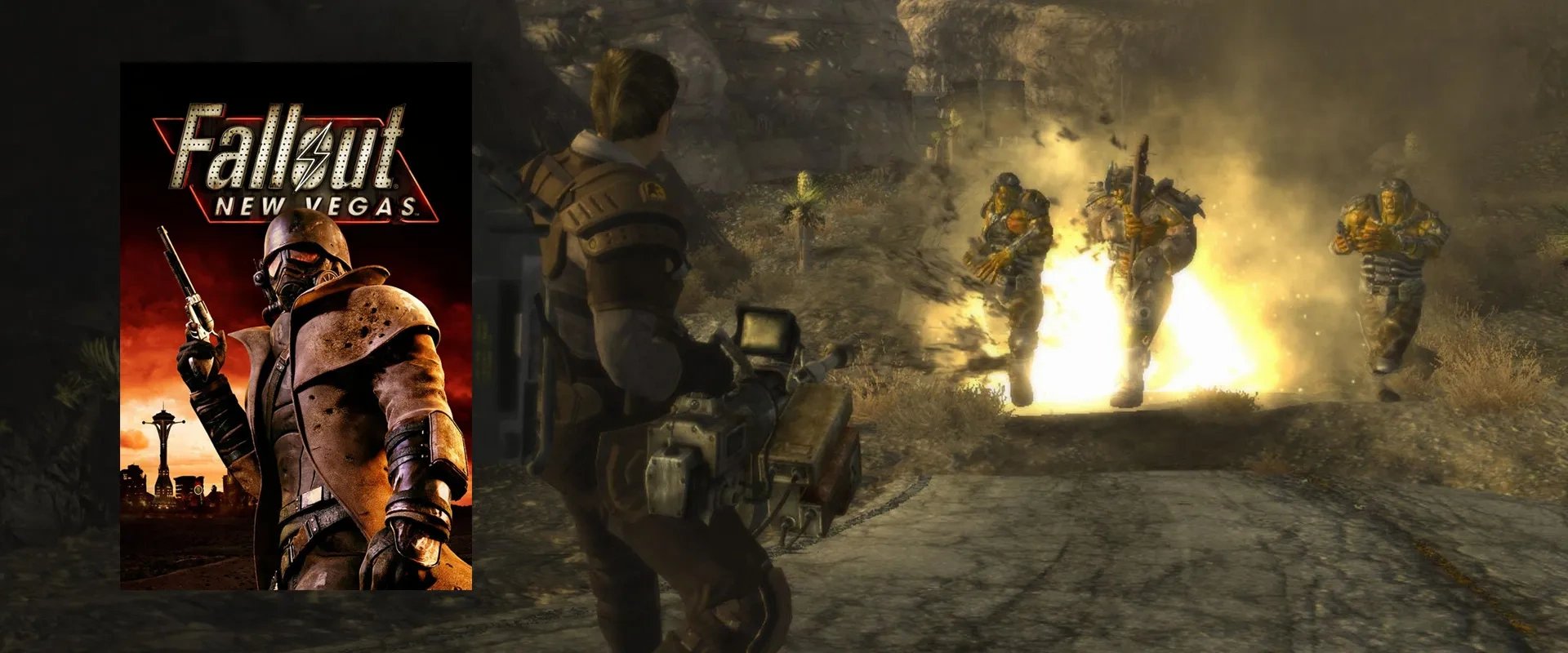 Capa do jogo à esquerda e imagem de Fallout: New Vegas ao fundo
