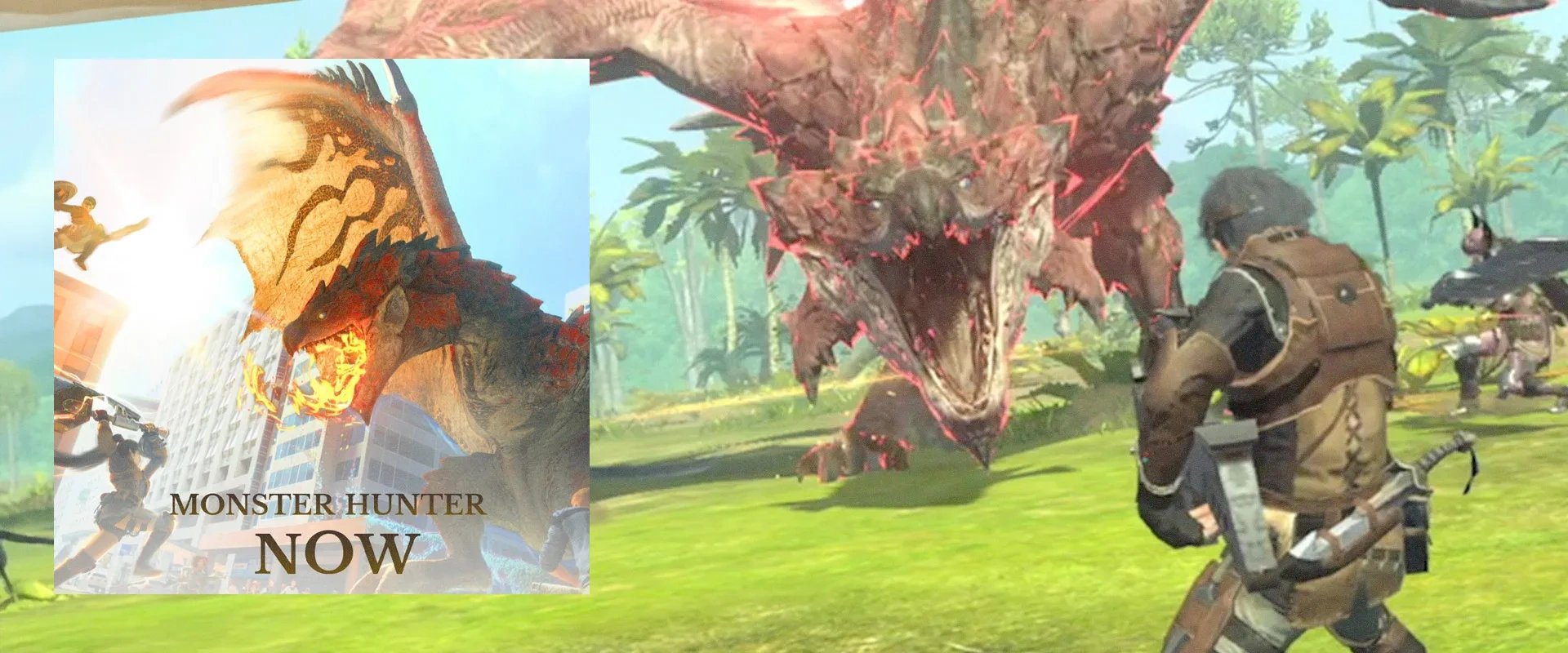 Capa de Monster Hunter Now à esquerda e imagem do jogo ao fundo