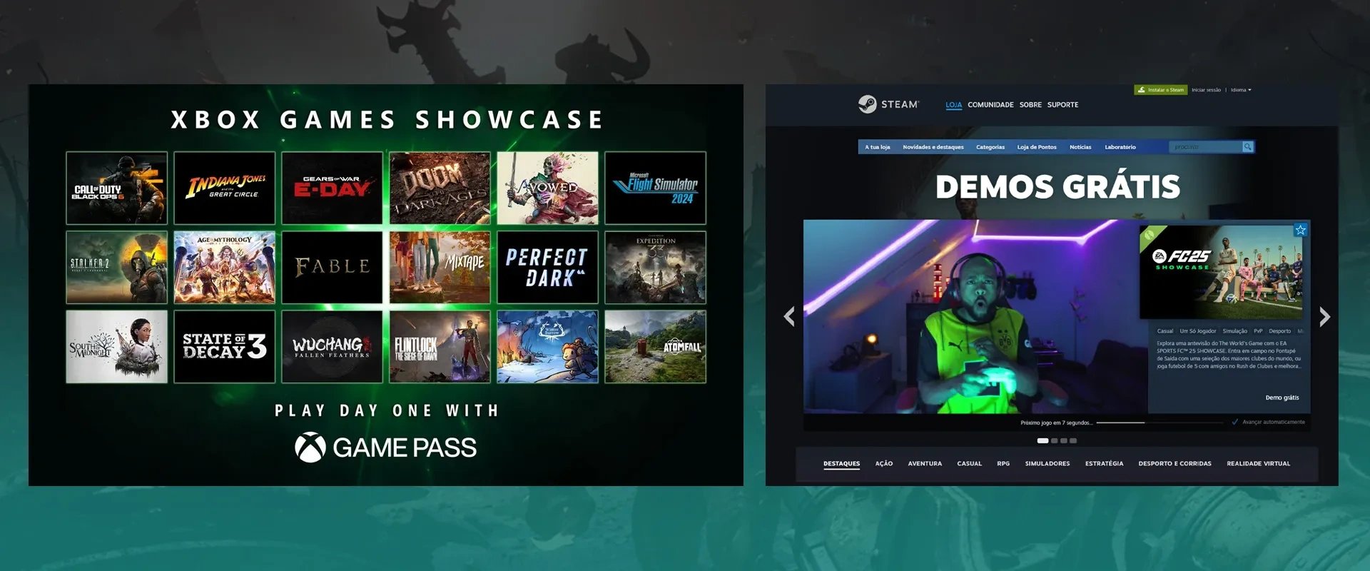 Imagem mostrando um evento com jogos do Game Pass à esquerda e imagem mostrando demonstrações gratuitas na plataforma Steam